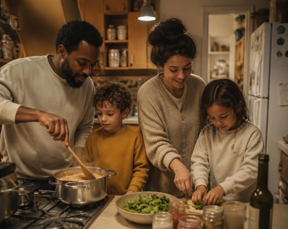 A household preparing a simple meal together