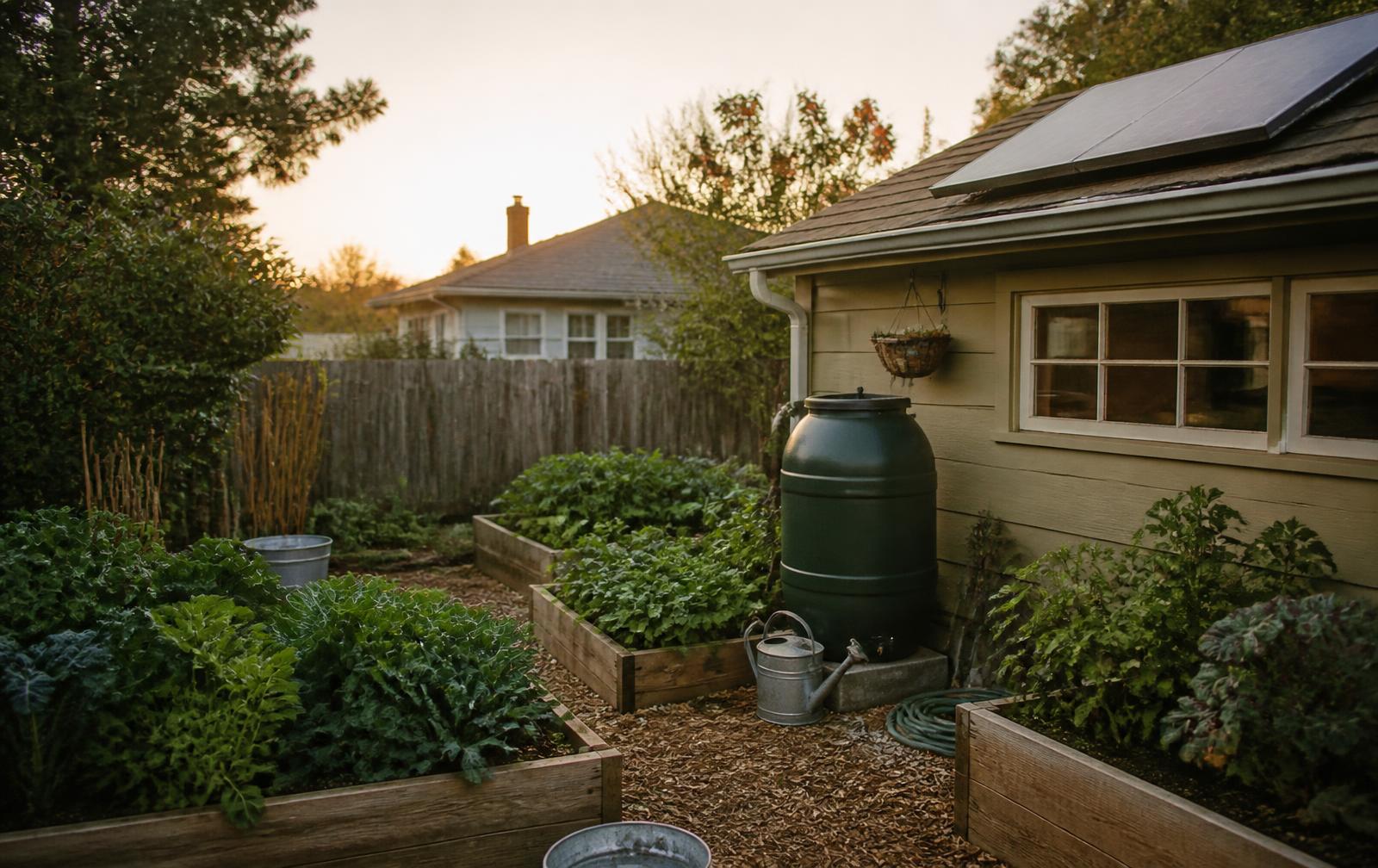 A productive home garden with raised beds, rainwater storage, and solar power