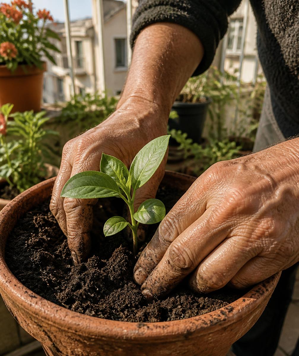 Hands planting a useful kitchen herb during a guided daily mission